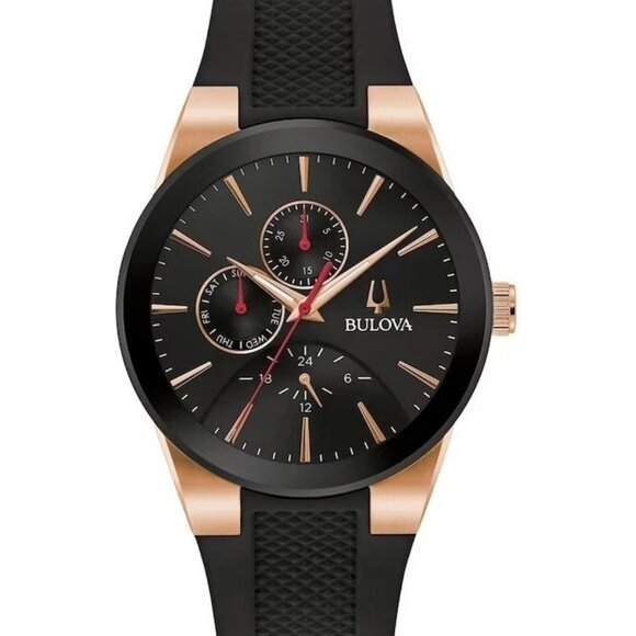 Bulova Men's Millennia Day Date Quartz Black Polyurethane Watch 41 MM 97C112 - Picture 1 of 6
